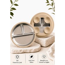 Myra Shop 304 Paslanmaz Çelik Vakumlu Bebek Tabak, 3 Bölmeli Silikon Kaplamalı, Bej