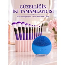 MidasTech 12’li Mor Makyaj Fırça Seti ve Silikon Yüz Temizleme Cihazı Ikili Makyaj ve Cilt Bakım Seti