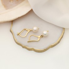 Nox Jewelry 14 Ayar Altın Kaplama 8 mm Beyaz Tatlı Su İncili Sallantılı Kadın Gümüş Küpe- EP00100