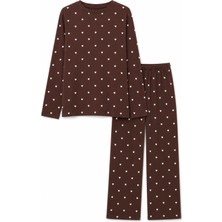 %100 Pamuk Kahverengi Uzun Kollu Minik Kalp Detaylı Kadın Pijama Takımı