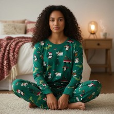 %100 Pamuk Yeşil Uzun Kollu Yılbaşı Temalı Pijama Takımı