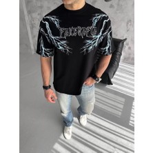 Modi Unisex Bisiklet Yaka Baskılı Oversize T-Shirt - Siyah