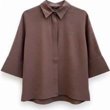Kahve Yarasa Kol Duble Manşetli Modal Oversize Gömlek