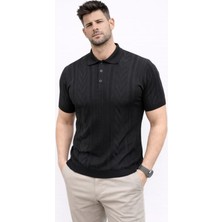 Modi Erkek Yazlık Triko Tişört Kısa Kol Polo Yaka Düğmeli T-Shirt - Siyah
