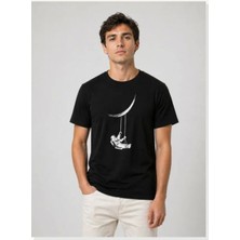 Modi Erkek Astronot Ay Temalı Tişört Kısa Kol Yazlık Bisiklet Yaka T-Shirt Siyah