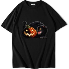 Brz Collection Unisex Oversize Halloween Pumpkin Black Cat T-Shirt Siyah