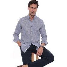 Fitmens Slim Fit Uzun Kol Yaka Düğmeli Nefes Alan Keten Hediye Kutulu Erkek Gömlek FS-004548 - İndigo