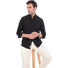 Fitmens Slim Fit Uzun Kol Yaka Düğmeli Nefes Alan Keten Hediye Kutulu Erkek Gömlek FS-004548 - Siyah