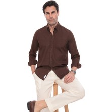 Fitmens Slim Fit Uzun Kol Yaka Düğmeli Nefes Alan Keten Hediye Kutulu Erkek Gömlek FS-004548 - Koyu Kahve