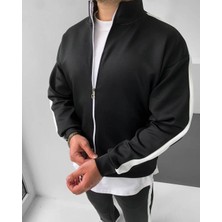 Tarz Yeri Erkek Scuba Kumaş Oversize Şerit Detaylı Fermuarlı Alt Üst Eşofman Takımı - Siyah