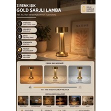 Prime Aydınlatma Şarjlı Masa Lambası Metal Dokunmatik 3 Renk Modu Parlaklık Ayar Modu Gold