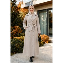 Harma Time Butik Kadın Çift Düğmeli Kuşaklı Astarlı Bondit Bej Trençkot