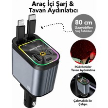 66W Hızlı Şarjlı Araç Çakmaklık Şarj Cihazı –type-C & Lightning Geri Çekilebilir Kablo, Rgb Yıldızlı Tavan Aydınlatma