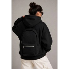 Tarz Yeri Kadın 3 Iplik Şardonlu Tam Fermuarlı Kapüşonlu Arka Çanta Detaylı Sweatshirt - Siyah