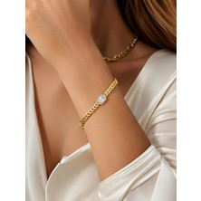 Livaz Accessories Kadın  Çelik Bileklik  Kararmaz  14K Altın Renk Vip Seri Ithal Bagettaşlı Bileklik
