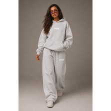 Macklin Unisex Kadın Erkek Minimal Yazı Baskılı Oversize 3 Iplik Kapüşonlu Sweatshirt ve Baggy Eşofman Altı