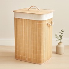 Royaleks Bambu Kirli Çamaşır Sepeti 40X30X60 cm - Kapaklı Ipli Kumaş Torbalı