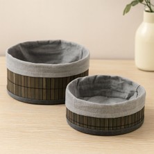 Royaleks Yuvarlak Organizer Sepet - Bambu Kenarlı Ahşap Taban Bezli (Çap 22X24 Cm)
