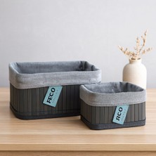 Marsilyan Kare Organizer Sepet - Bambu Kenarlı, Ahşap Taban, Bezli - 18X21 cm