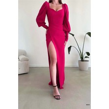 Alvenessa Kadın Esnek Krep Kumaş Dik Yaka Yırtmaçlı Abiye Elbise