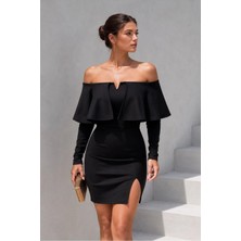Alvenessa Kadın Scuba Esnek Kumaş Carmen Yaka Mini Elbise