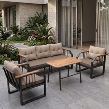 Canisa Lavin Serisi 1.sınıf 3+1+1 Bahçe Balkon Oturma Grubu Siyah Metal Iskelet Cappucino Minderli Orta Sehpalı