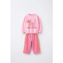 Magu Kız Çocuk Kedi Baskılı Pembe Sweatshirt ve Çizgili Bol Paça Eşofman Takımı