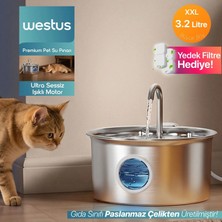Westus inPets Y10 | 3.2 Litre | Işıklı,Su Seviyesi Göstergeli | 304 Paslanmaz Çelik | Kedi Köpek İçin Su Pınarı | Su Çeşmesi | Su Sebili | Ultra Sessiz | Yedek Filtre ve Adaptör Hediye