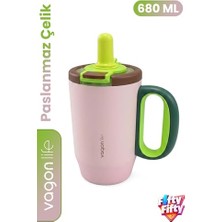 AKS 680 ml Tek Kapak Çift Kullanım Pipetli Rahat Içim Kulplu Paslanmaz Çelik Termos Mug FFVGN1113-680ML Pembe