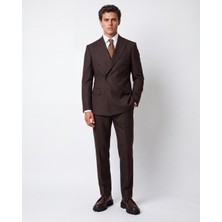 HC MEN CLASSIC Erkek Kahverengi Regular Fit Armürlü Polyamid Kruvaze Takım Elbise