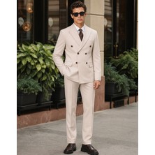HC MEN CLASSIC Erkek Bej Comfort Fit Düz Viskon Kruvaze Takım Elbise