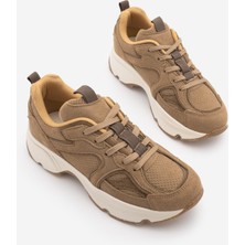 Marjin Kadın Süet Dokulu File Detaylı Çok Parçalı Kalın Taban Bağcıklı Günlük Sneaker Terita Camel Süet