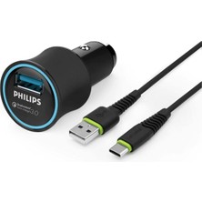 AKS Phılıps DLP3520C USB Araç Içi Şarj Adaptörü Qc3.0 Siyah (1 Çıkış) + USB - Type-C Şarj Kablosu 1.2m Siyah