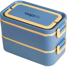 AKS Vagonlife Bento 2000ML Lunchbox 2 Katlı 3 Bölmeli Mini Kaseli Çelik Sefer Tası Yemek Kutusu (Lacivert-Sarı)