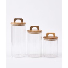 AKS Amberhaus 3'lü Akasya Kapaklı Çizgili Borosilikat Cam Kavanoz Seti - Vakumlu Erzak ve Bakliyat Saklama Kabı (750 Ml, 1050 Ml, 1400 Ml)