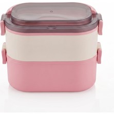AKS Promosyonca 2 Katlı Taşınabilir Yemek Kabı, Lunch Box, Diyet Beslenme Kutusu, Çatal Kaşık Dahil, 11.5 x 21 x 11.5 cm (Pembe-Krem)