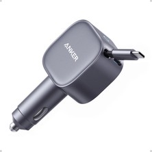 AKS Anker Nano Usb-C Araç Şarj Cihazı, 75W, Ultra Kompakt Type-C Hızlı Şarj Cihazı, Entegre Geri Çekilebilir Kablo, Gri - A2738