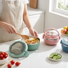 AKS Deconox 700 ml Paslanmaz Çelik Yemek Kabı, Kaşıklı, Saplı ve Kilitli Yuvarlak Lunch Box, Mavi Yeşil Pembe Renk Seçenekli, 12X11X13CM Kapaklı Saklama ve Taşıma Kabı