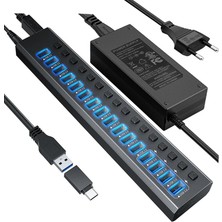 AKS Coverzone Profesyonel USB Hub 16 Portlu USB 3.0 Type-C 5gbps Hızlı Şarj Bireysel Açma Kapama Anahtarları 12V Dc 7.5A Güç Adaptörü Telefon Şarj Dizüstü Bilgisayar Mobil HDD Flash Sürücü PORT16