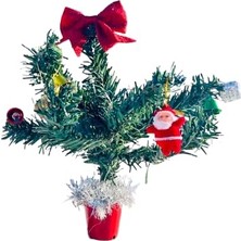 Bukıro Mini Yılbaşı Ağacı, LED Işıklı, Kırmızı Saksılı, Yeşil ve Kırmızı, 25 Cm, Plastik Yapay Çam, Noel Baba Süslemeli, Masa Üstü Dekoratif