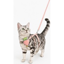 AKS Çilek Figürlü Zilli Kedi Göğüs Tasması ve Gezdirme Kayışı(Pembe)