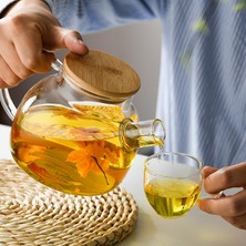 AKS Cam Demlik Isıya Dayanıklı Vakumlu Bambu Kapaklı Borasilikat Teapot Sürahi Bitki Çayı Demliği Kendinden Süzgeçli 1000 ml