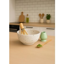 AKS Genel Matcha Çay Seti, 4 Parça, Seramik Kase, Bambu Çırpıcı, Bambu Kaşık, Seramik Stand, Beyaz ve Yeşil
