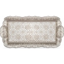 AKS Alisveristime Osmanlı Motifli Küçük Metal Servis Tepsisi – Dekoratif Sunum Tepsisi, 36 x 18 Cm, 306 G (Gümüş Grisi)