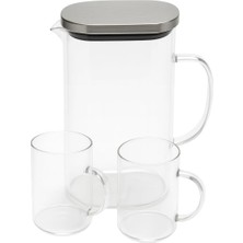 AKS Promosyonca Borosilikat 1800 ml Cam Sürahi ve 2'li Bardak Seti Paslanmaz Çelik Kapaklı