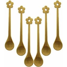 AKS Mini Bambu Ahşap Kaşık Seti, Çiçek Desenli, 14.5 Cm, 6 Adet