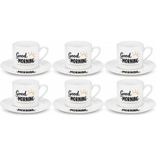 AKS Good Morning 6'lı Porselen Kahve Fincanı Takımı, 6 Fincan 6 Tabak, Modern Desenli Türk Kahvesi ve Espresso Fincan Seti, Günlük Kullanım, Misafir Sunumu ve Çeyizlik Şık Kahve Takımı