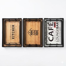 AKS Deinhaus Dekoratif Servis Tepsisi Seti, Ahşap Desenli, Siyah Çerçeveli, 2'li Set, 35X25 cm ve 31X21 Cm, Mutfak ve Cafe Temalı