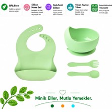 Jojobebek Çocuk Silikon Mama Önlüğü, Silikon Vakumlu Kase, Silikon Kaşık ve Çatal / Yeşil