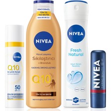 AKS Q10 SPF50 Gündüz Yüz Krem 40ML, Sıkılaştırıcı Bronzluk Losyon 250ML,KIRMIZI Dudak Kremi ve Deodorant